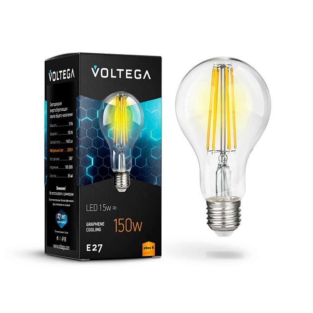 Лампа светодиодная филаментная Voltega E27 15W 2800К прозрачная VG10-A1E27warm15W-F 7104 фото 