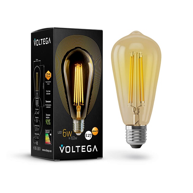 Лампа светодиодная филаментная Voltega E27 6W 2800К золотая VG10-ST64Gwarm6W 5526 фото 