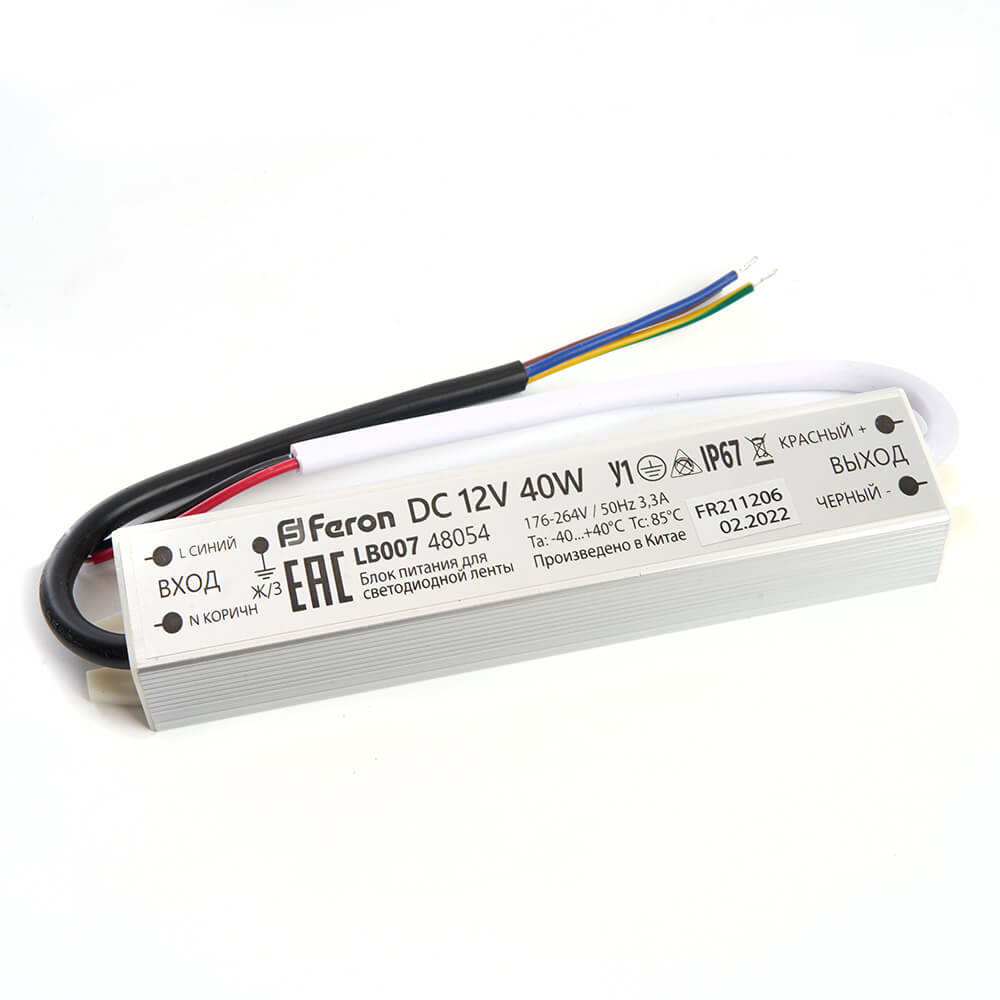 Блок питания для светодиодной ленты Feron LB007 12V 40W IP67 3,3A 48054, Черный, 48054 LB007
Блок питания для светодиодной ленты Feron LB007 12V 40W IP67 3,3A 48054, Черный, 48054 LB007