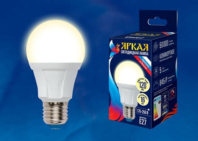 Лампа светодиодная Uniel E27 16W 3000K матовая LED-A60 16W/3000K/E27/FR PLP01WH UL-00005033 фото 2