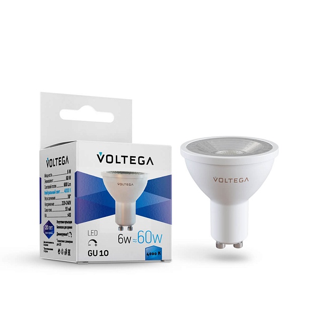 Лампа светодиодная Voltega GU10 6W 4000К прозрачная VG2-S1GU10cold6W-D 7109 фото 