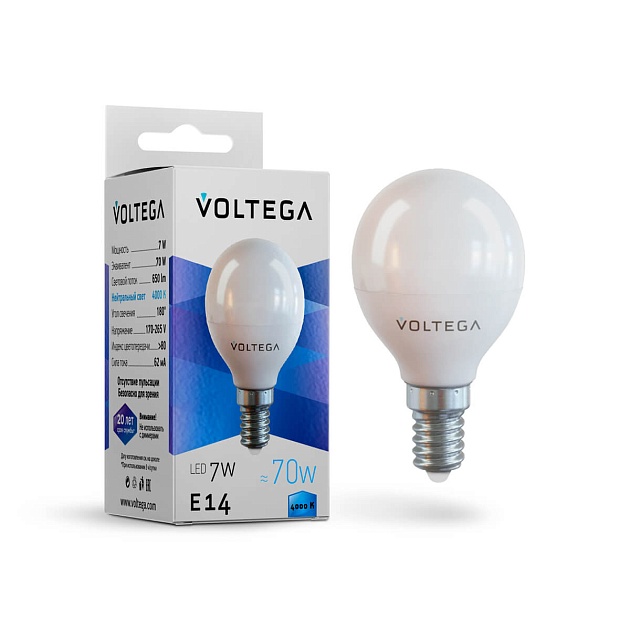 Лампа светодиодная Voltega E14 7W 4000К матовая VG2-G45E14cold7W 7055 фото 