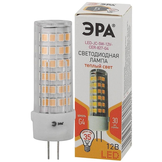 Лампа светодиодная ЭРА G4 5W 2700K прозрачная LED JC-5W-12V-CER-827-G4 Б0049087 фото 