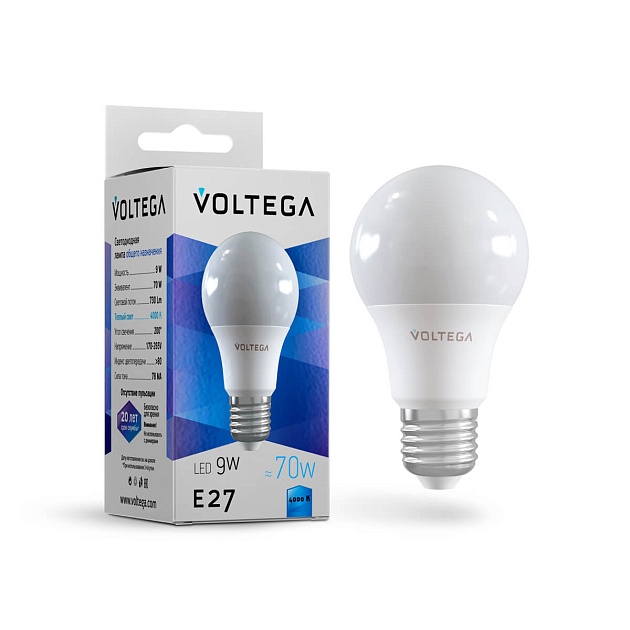 Лампа светодиодная Voltega E27 9W 4000К груша матовая VG2-A2E27cold9W 8443 фото 
