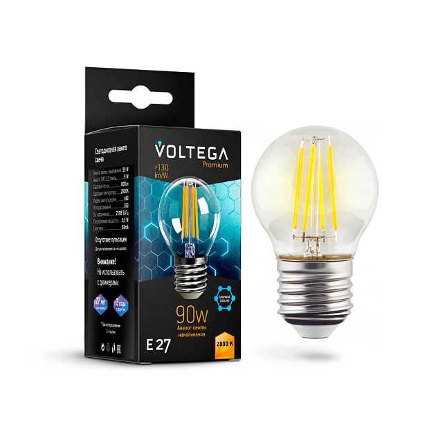 Лампа светодиодная Voltega E27 6,5W 2800K прозрачная VG10-G45E27warm9W-F 7138 фото 