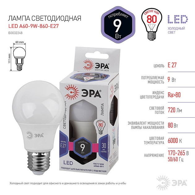 Лампа светодиодная ЭРА E27 9W 6500K матовая A60-9W-860-E27 Б0032248 фото 4