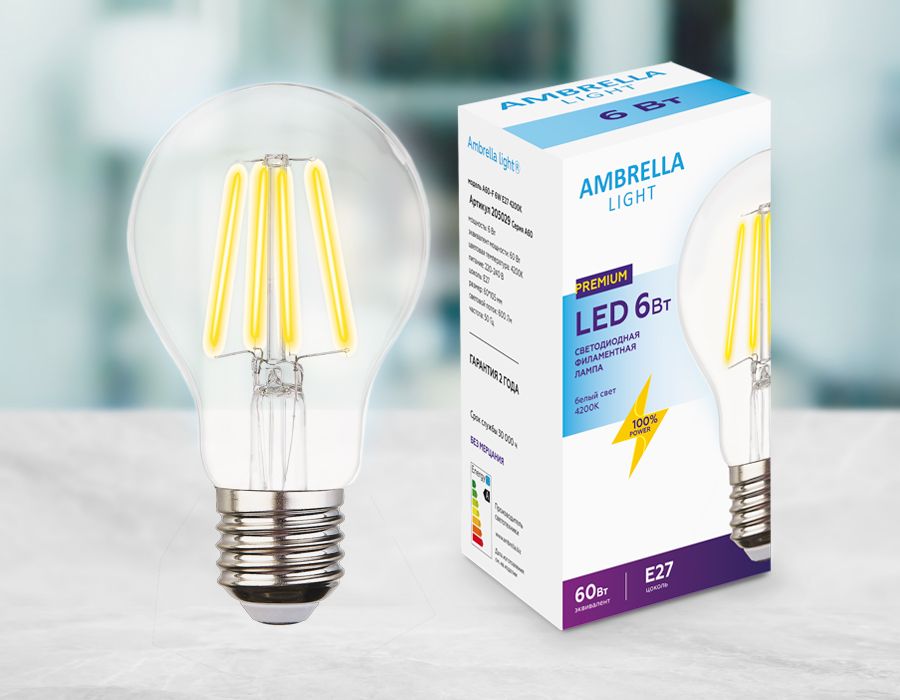 

Лампа светодиодная филаментная Ambrella light E27 6W 4200K прозрачная 205029, Прозрачный, 205029 Filament