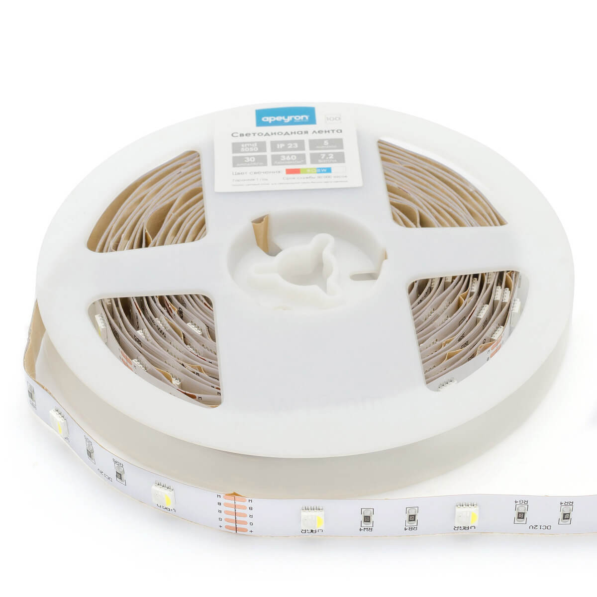

Светодиодная лента Apeyron 7,2W/m 30Led/m 5050SMD разноцветная 5M 100BL, 100BL