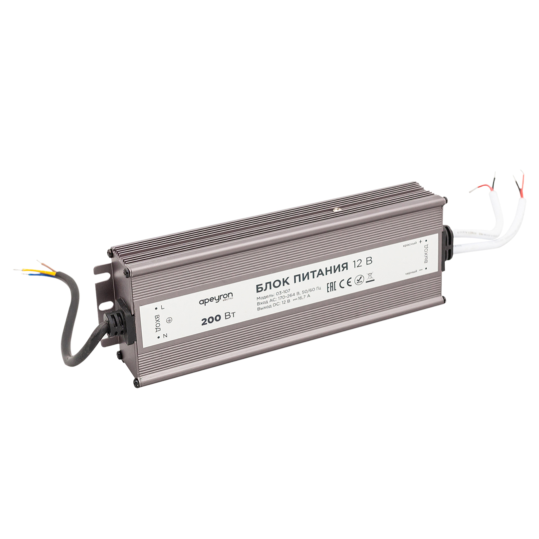 

Блок питания Apeyron 12V 200W IP67 16,7A 03-107, Серебро, 03-107