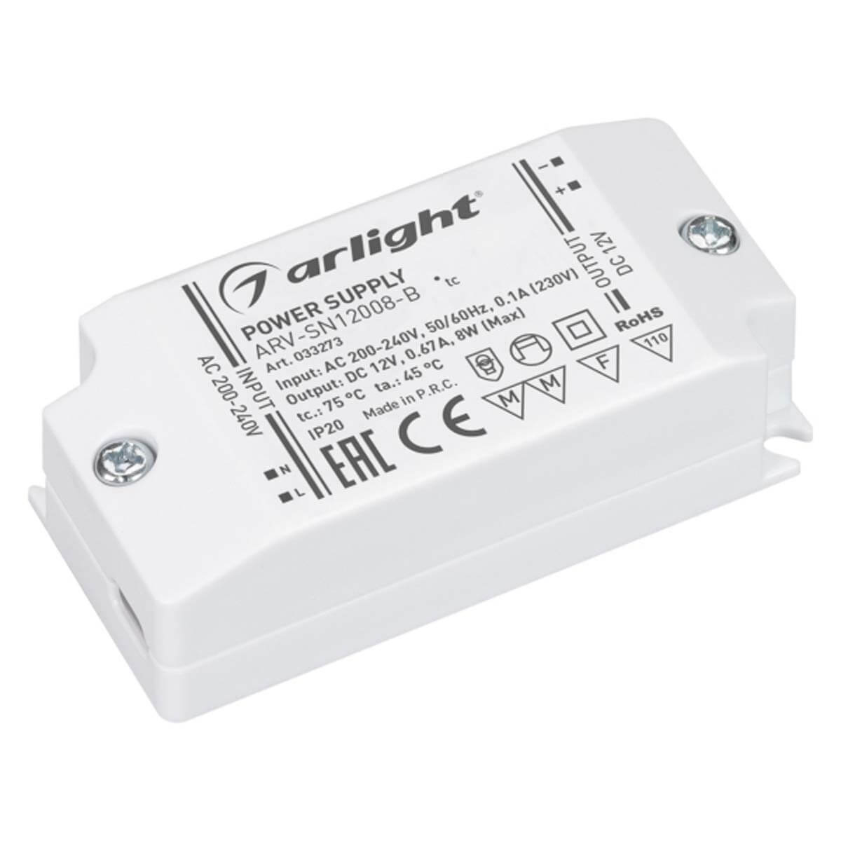 

Блок питания Arlight ARV-SN12008-B 12V 8W IP20 033273, Белый, 033273 ARV-SN