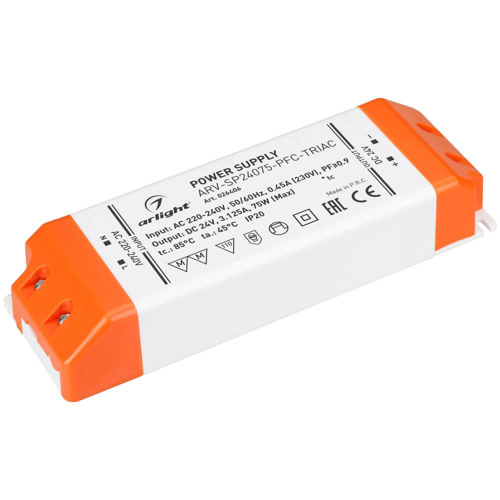 

Блок питания Arlight ARV-SP24075-PFC-Triac 24V 75W IP20 3,1A 026406, Белый, 026406 ARV-SP-PFC-Tria