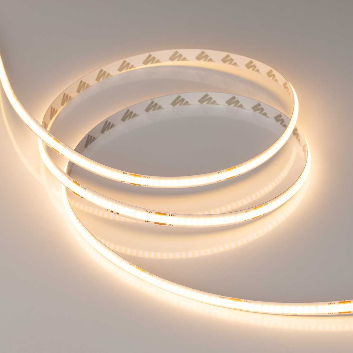 

Светодиодная лента Arlight 8W/m 320LED/m CSP теплый белый 5M COB-X320-8mm 24V Warm2700 039023, Желтый, 039023 COB открытая