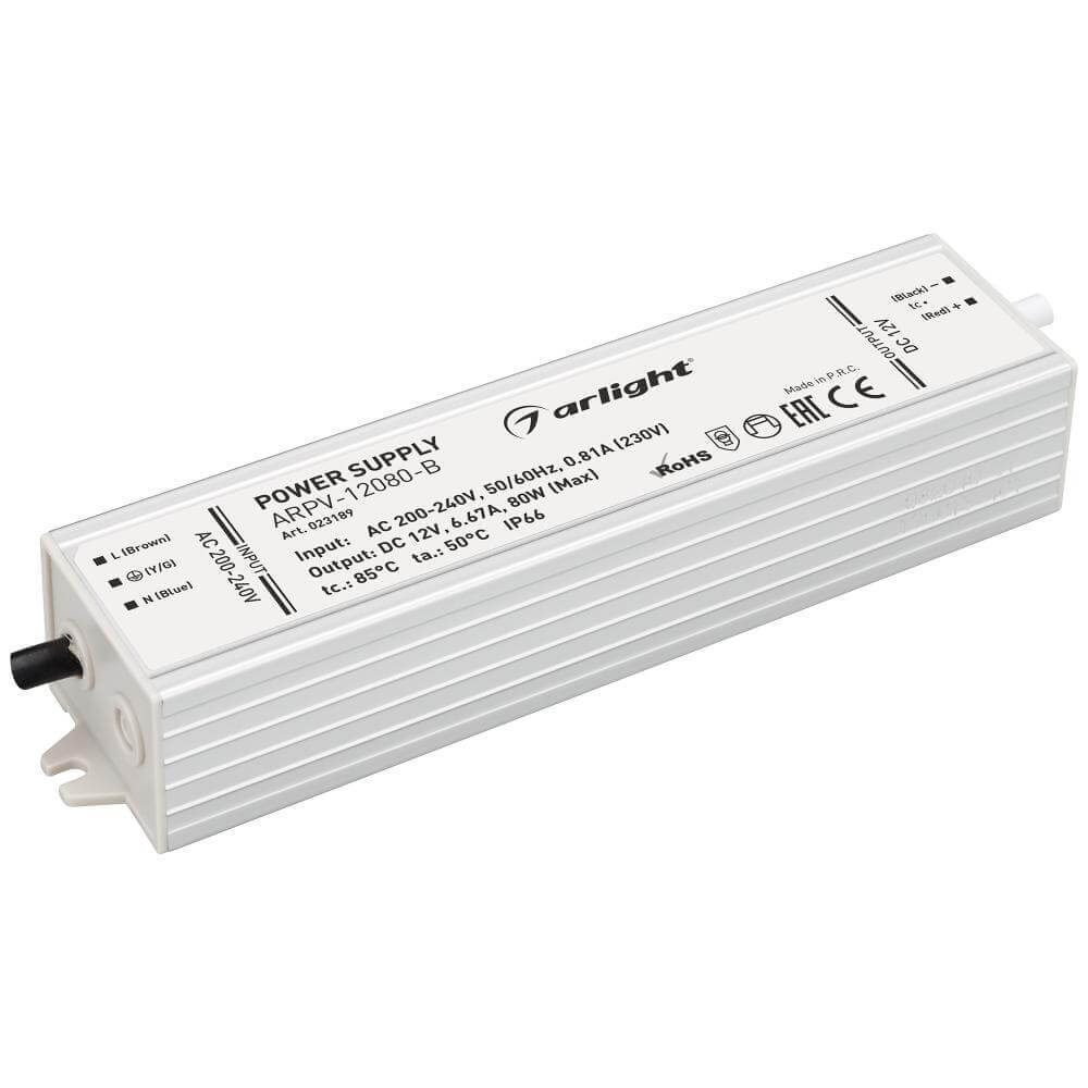 

Блок питания Arlight ARPV-12080B 12V 80W IP67 6,67A 023189, Серый, 023189