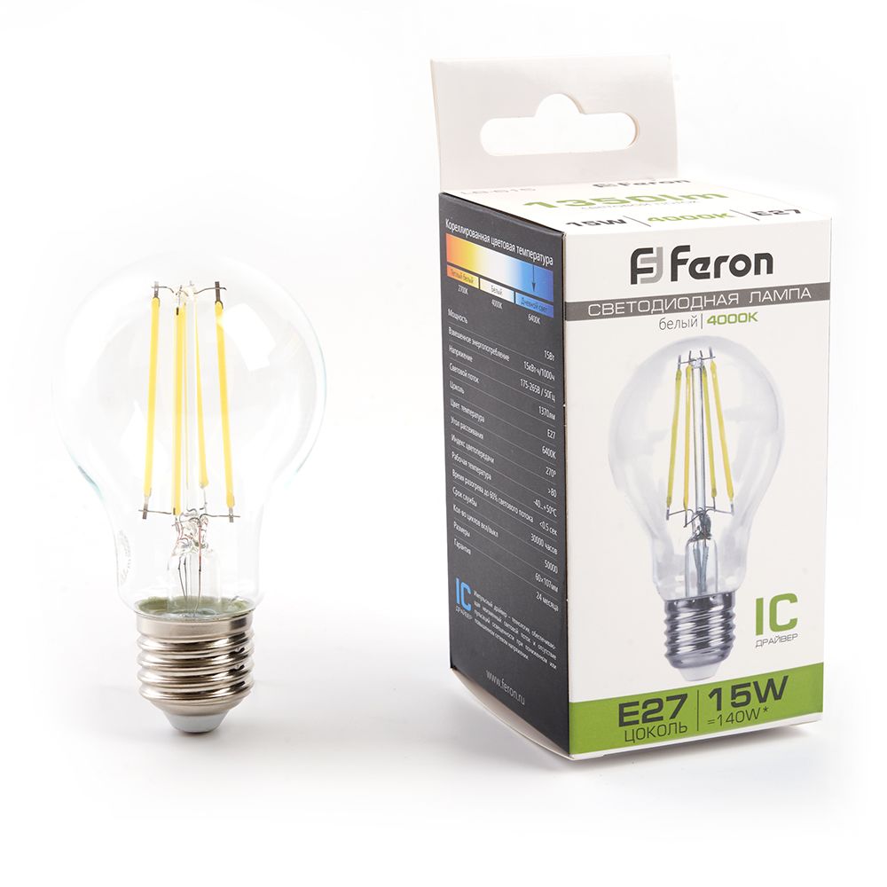 

Лампа светодиодная филаментная Feron E27 15W 4000K прозрачная LB-615 38242, Прозрачный, 38242 LB-615