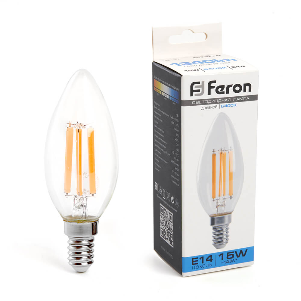 

Лампа светодиодная Feron E14 15W 6400K Свеча Матовая 38259, Белый, 38259