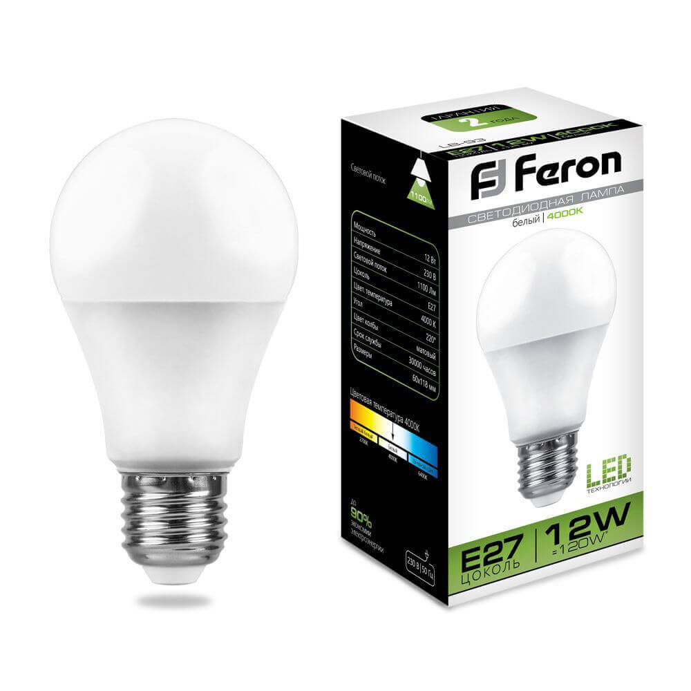 

Лампа светодиодная Feron E27 12W 4000K Шар Матовая LB-93 25487, 25487