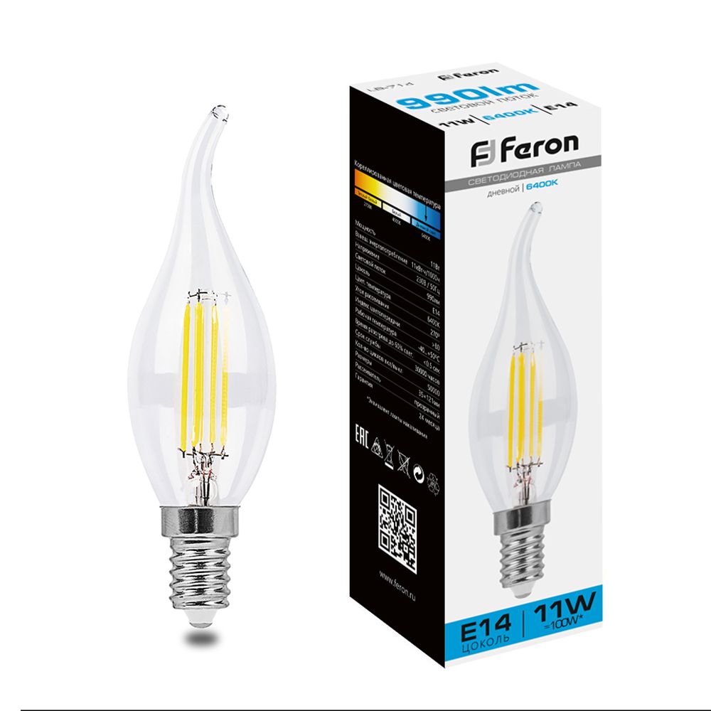 

Лампа светодиодная филаментная Feron E14 11W 6400K прозрачная LB-714 38237, Прозрачный, 38237