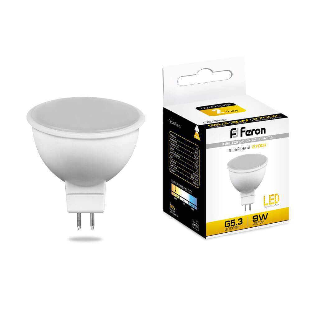 

Лампа светодиодная Feron MR16 G5.3 9W 2700K Грибок матовая LB-560 25839, 25839