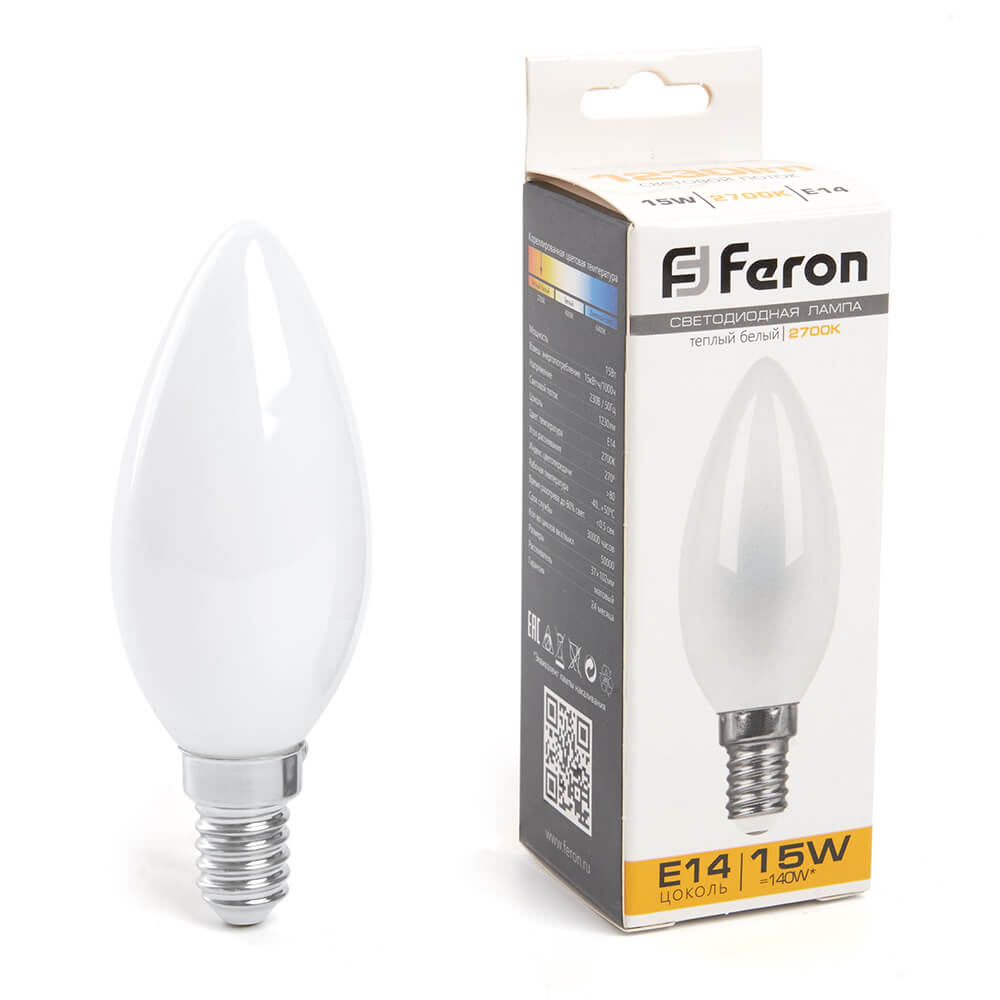 

Лампа светодиодная Feron E14 15W 2700K Свеча Матовая 38255, Белый, 38255