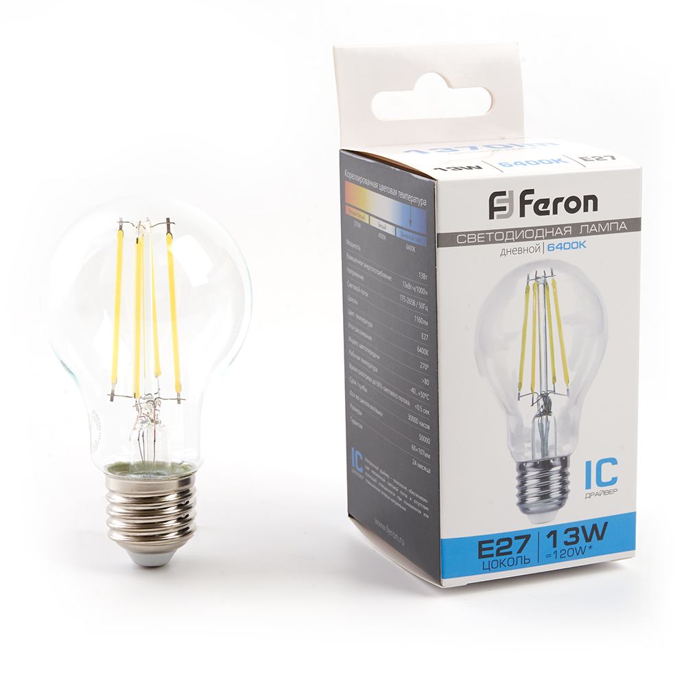 

Лампа светодиодная филаментная Feron E27 13W 6400K прозрачная LB-613 48283, Прозрачный, 48283 LB-613