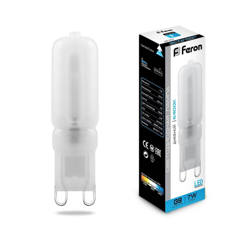 

Лампа светодиодная Feron G9 7W 6400K Прямосторонняя Матовая LB-431 25757, 25757