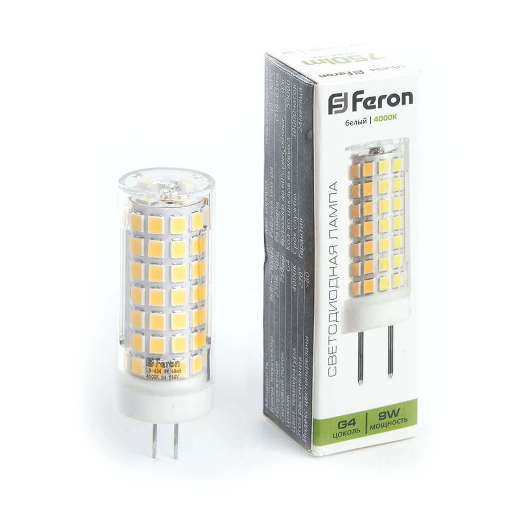 

Лампа светодиодная Feron G4 9W 4000K прозрачная LB-434 38144, Прозрачный, 38144