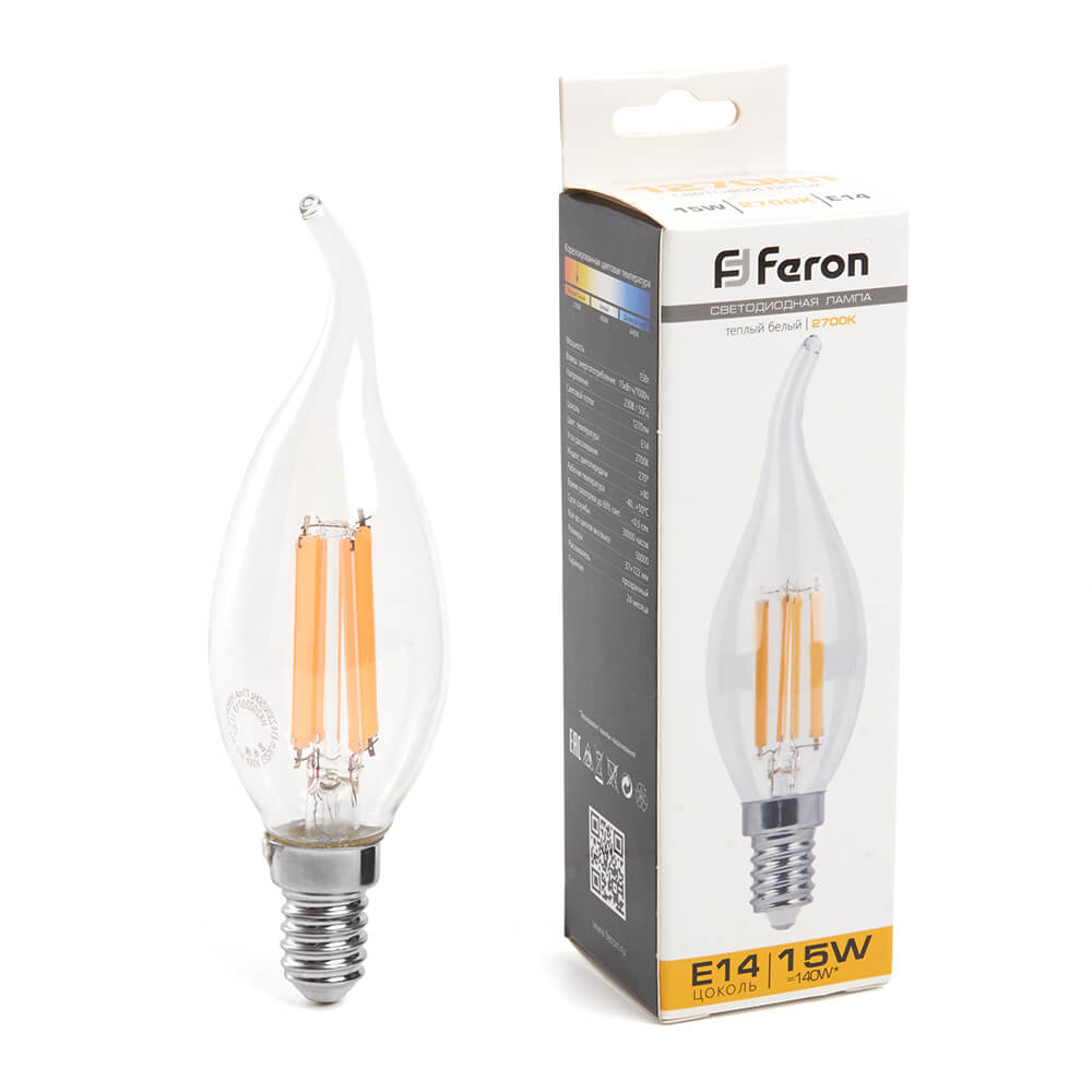 

Лампа светодиодная Feron E14 15W 2700K Свеча на ветру Матовая 38261, Белый, 38261