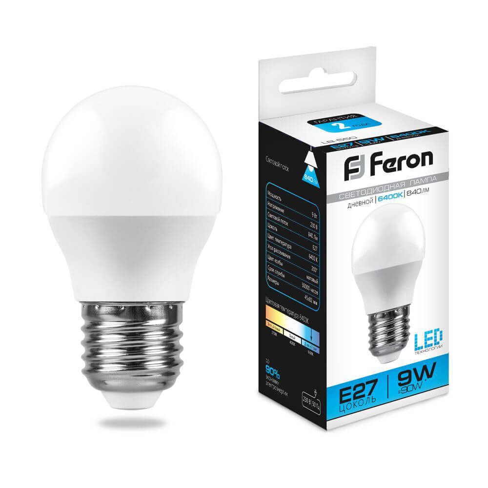 

Лампа светодиодная Feron E27 9W 6400K Шар Матовая LB-550 25806, 25806