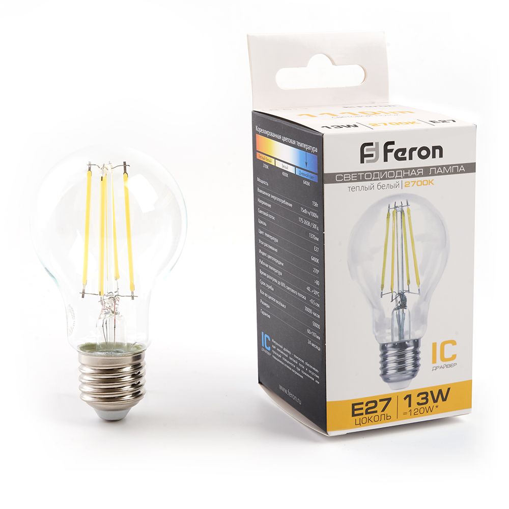 

Лампа светодиодная филаментная Feron E27 13W 2700K прозрачная LB-613 38239, Прозрачный, 38239 LB-613