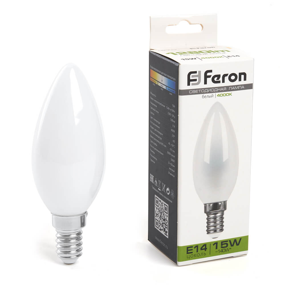 

Лампа светодиодная Feron E14 15W 4000K Свеча Матовая 38257, Белый, 38257