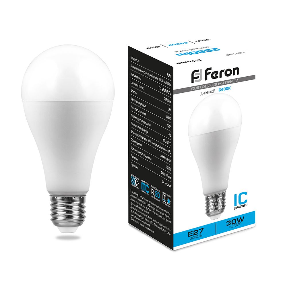 

Лампа светодиодная Feron E27 30W 6400K матовая LB-130 38196, Белый, 38196 LB-130