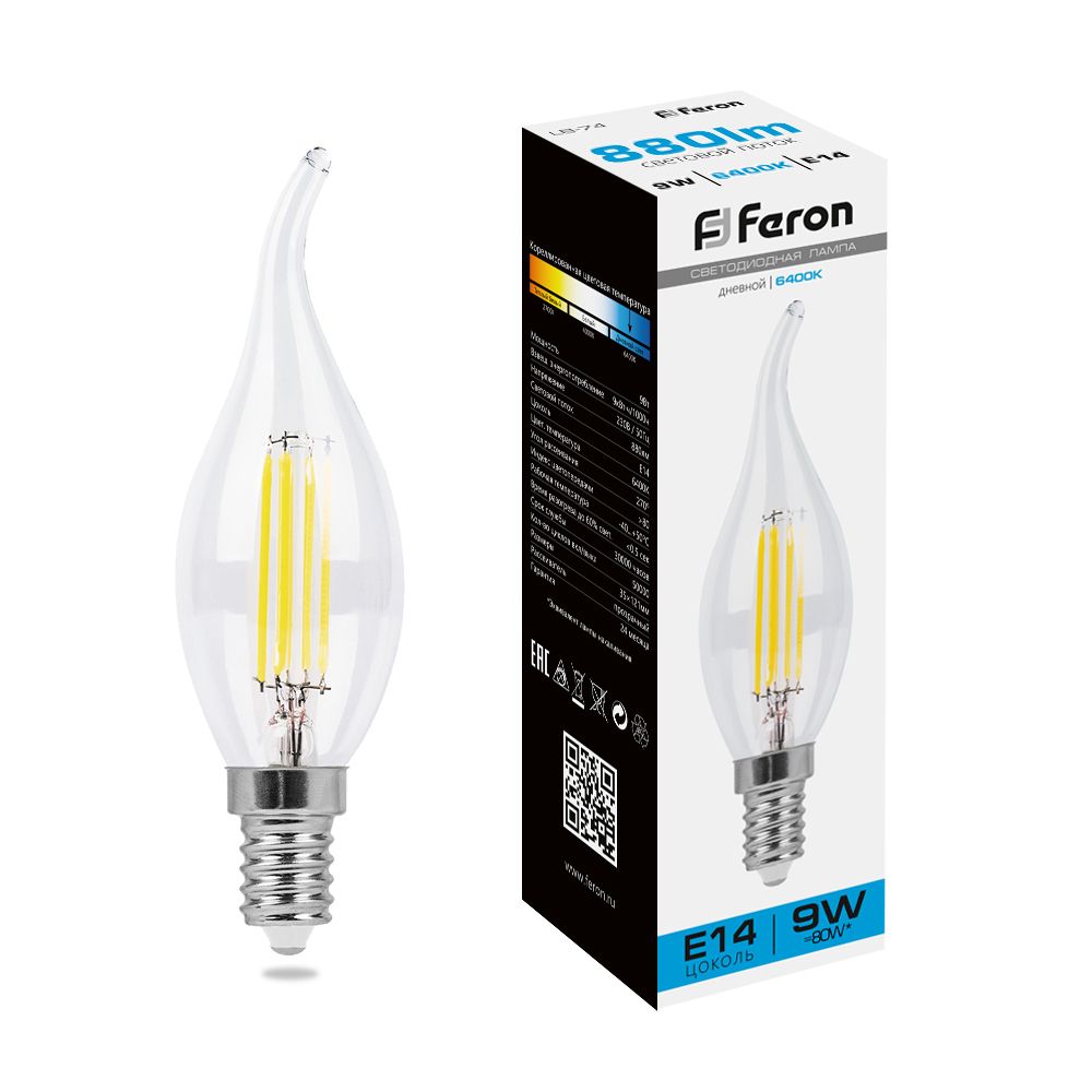 

Лампа светодиодная филаментная Feron E14 9W 6400K прозрачная LB-74 38235, Прозрачный, 38235