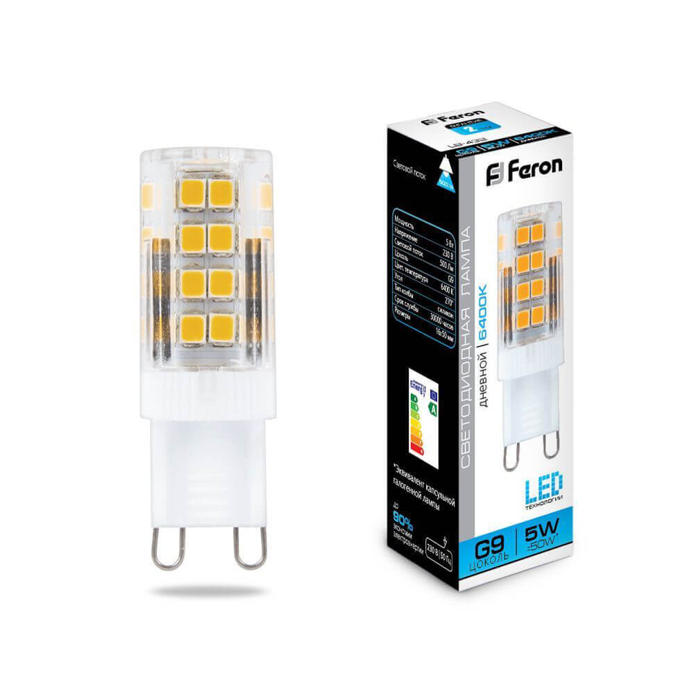 

Лампа светодиодная Feron G9 5W 6400K прозрачная LB-432 25771, 25771