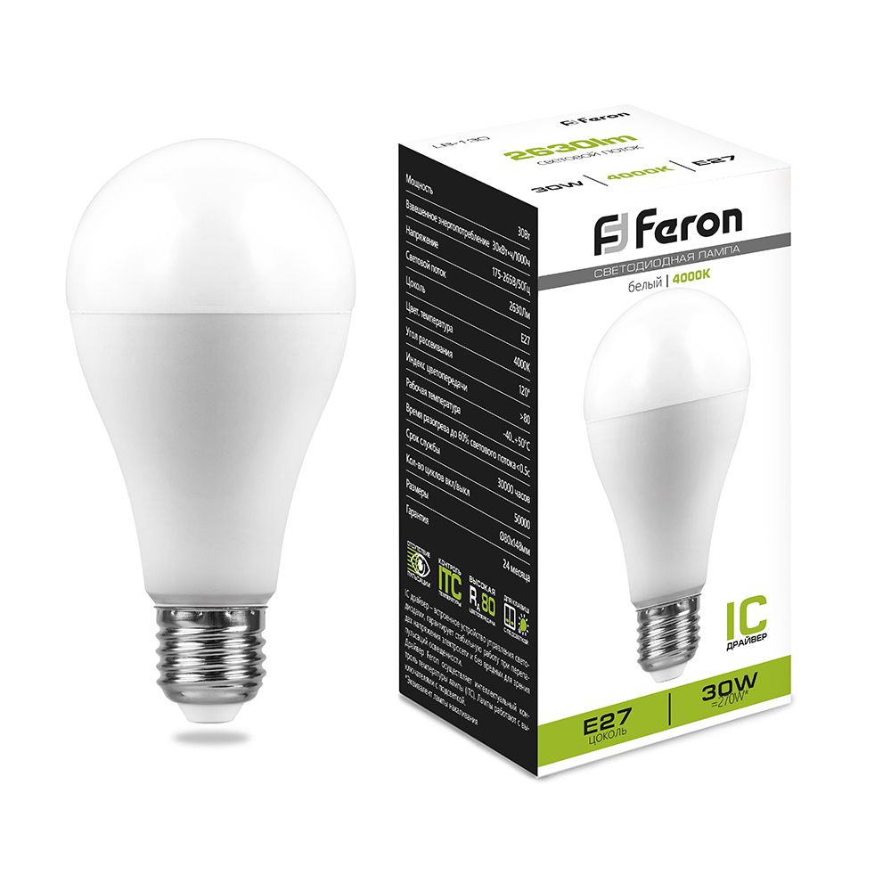 

Лампа светодиодная Feron E27 30W 4000K матовая LB-130 38195, Белый, 38195 LB-130