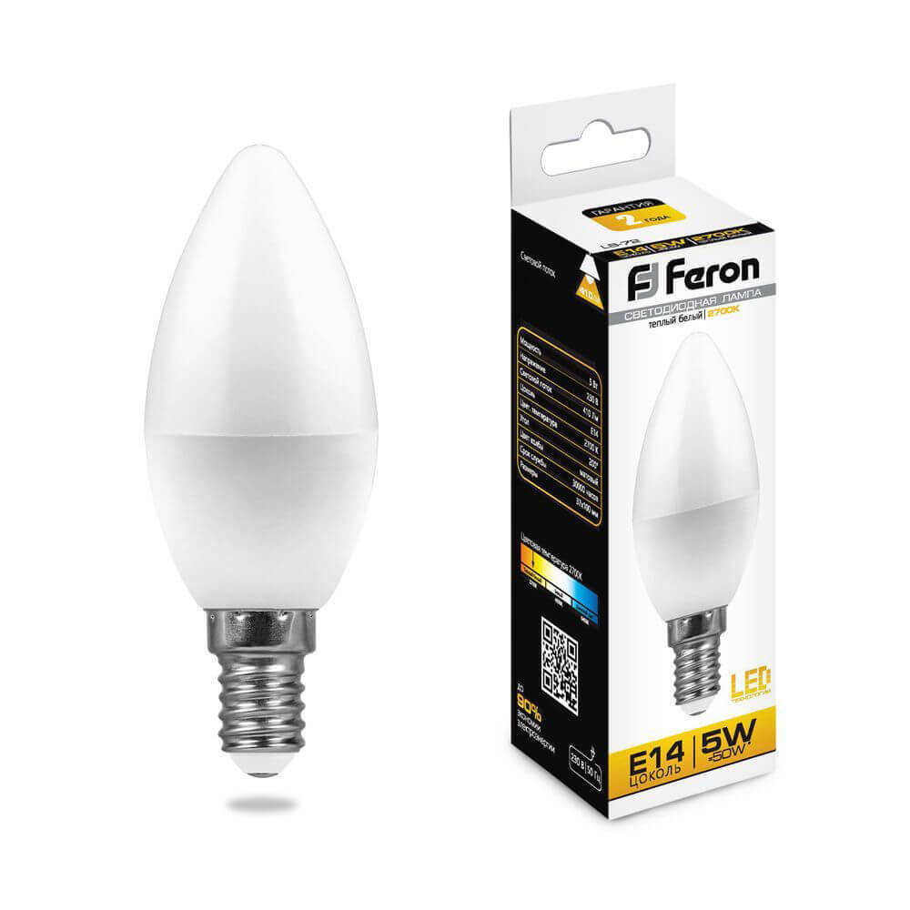 

Лампа светодиодная Feron E14 5W 2700K Свеча Матовая LB-72 25400, 25400