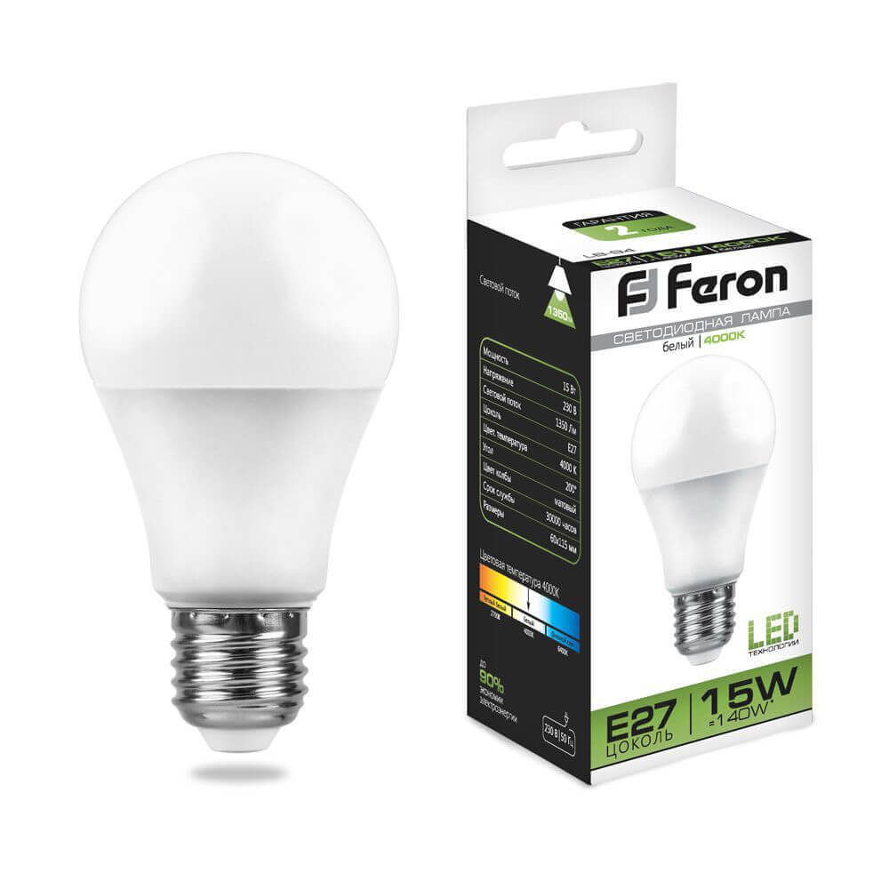 

Лампа светодиодная Feron E27 15W 4000K Шар Матовая LB-94 25629, 25629