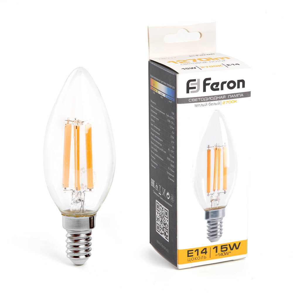 

Лампа светодиодная Feron E14 15W 2700K Свеча Матовая 38256, Белый, 38256