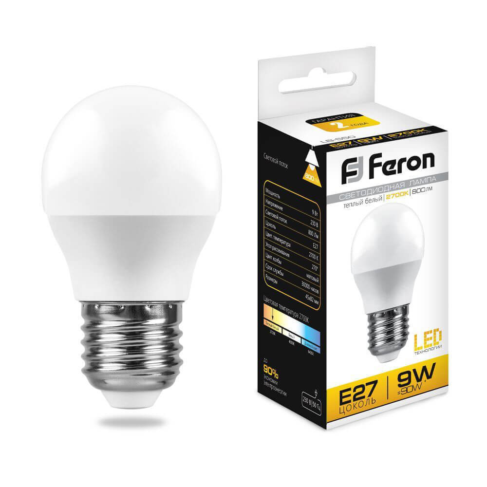 

Лампа светодиодная Feron E27 9W 2700К Шар Матовая LB-550 25804, 25804