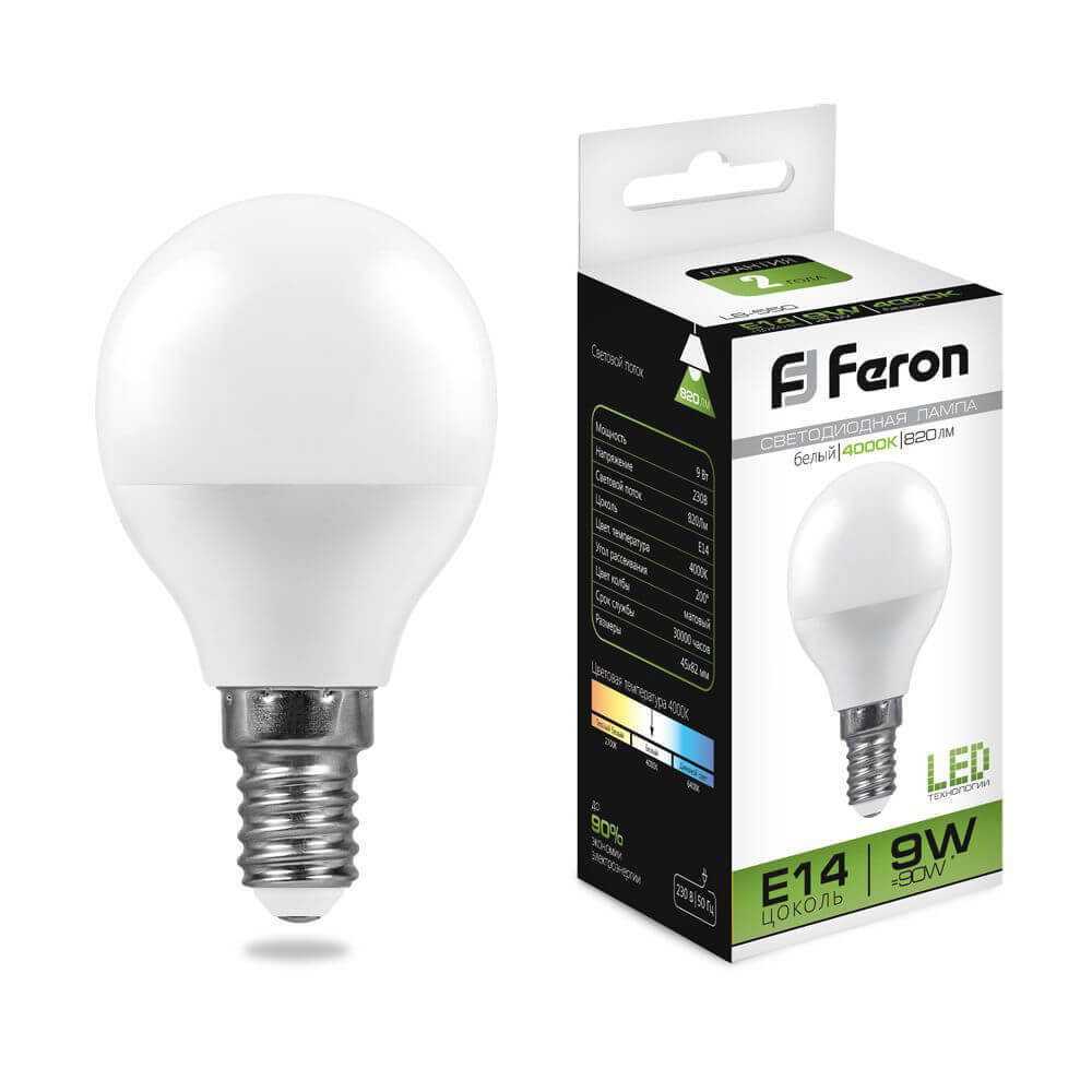 

Лампа светодиодная Feron E14 9W 4000K Шар Матовая LB-550 25802, 25802