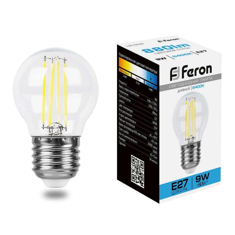 

Лампа светодиодная филаментная Feron E27 9W 6400K прозрачная LB-509 38224, Прозрачный, 38224 LB-509