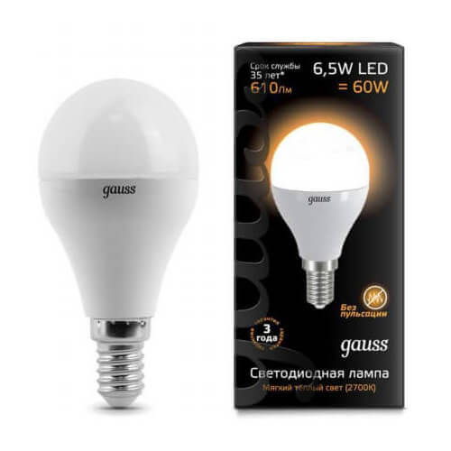

Лампа светодиодная Gauss E14 6.5W 3000K матовая 105101107, 105101107
