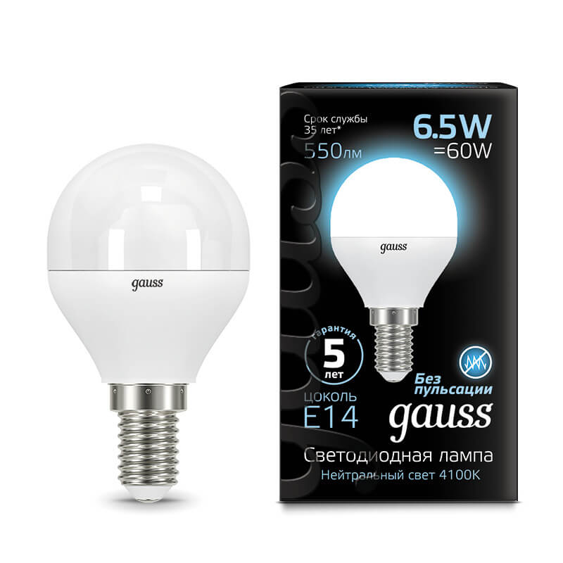 

Лампа светодиодная Gauss E14 6.5W 4100K матовая 105101207, 105101207 Globe