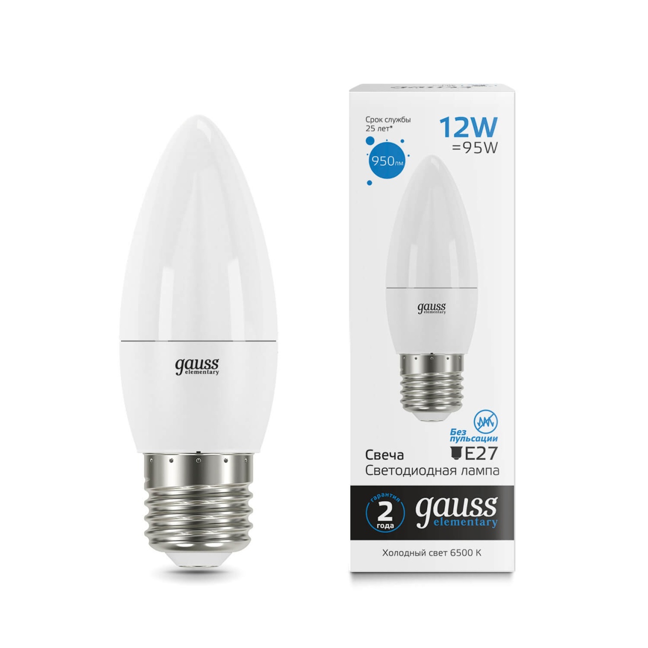 

Лампа светодиодная Gauss E27 12W 6500K матовая 30232, Белый, 30232 Elementary Свеча
