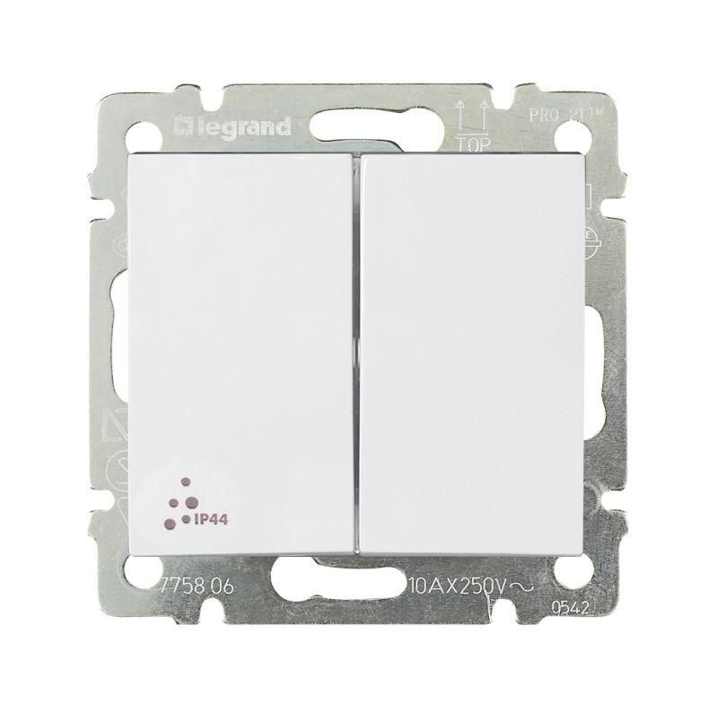 

Переключатель двухклавишный Legrand Valena 10A 250V IP44 белый 770098, 770098 Valena