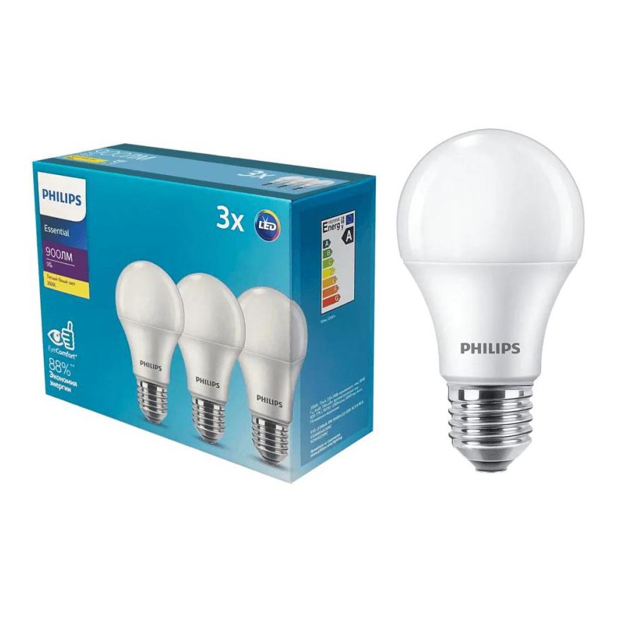 

Лампа светодиодная Philips E27 9W 3000K матовая (3 шт) 929002299247, Матовый, 929002299247 ESS LED Bulb