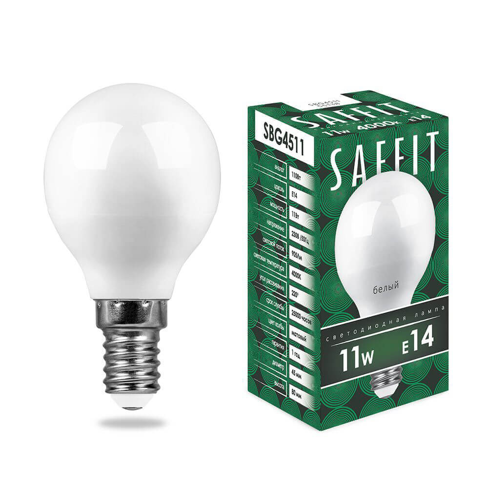 

Лампа светодиодная Saffit E14 11W 4000K Шар Матовая SBG4511 55138, 55138