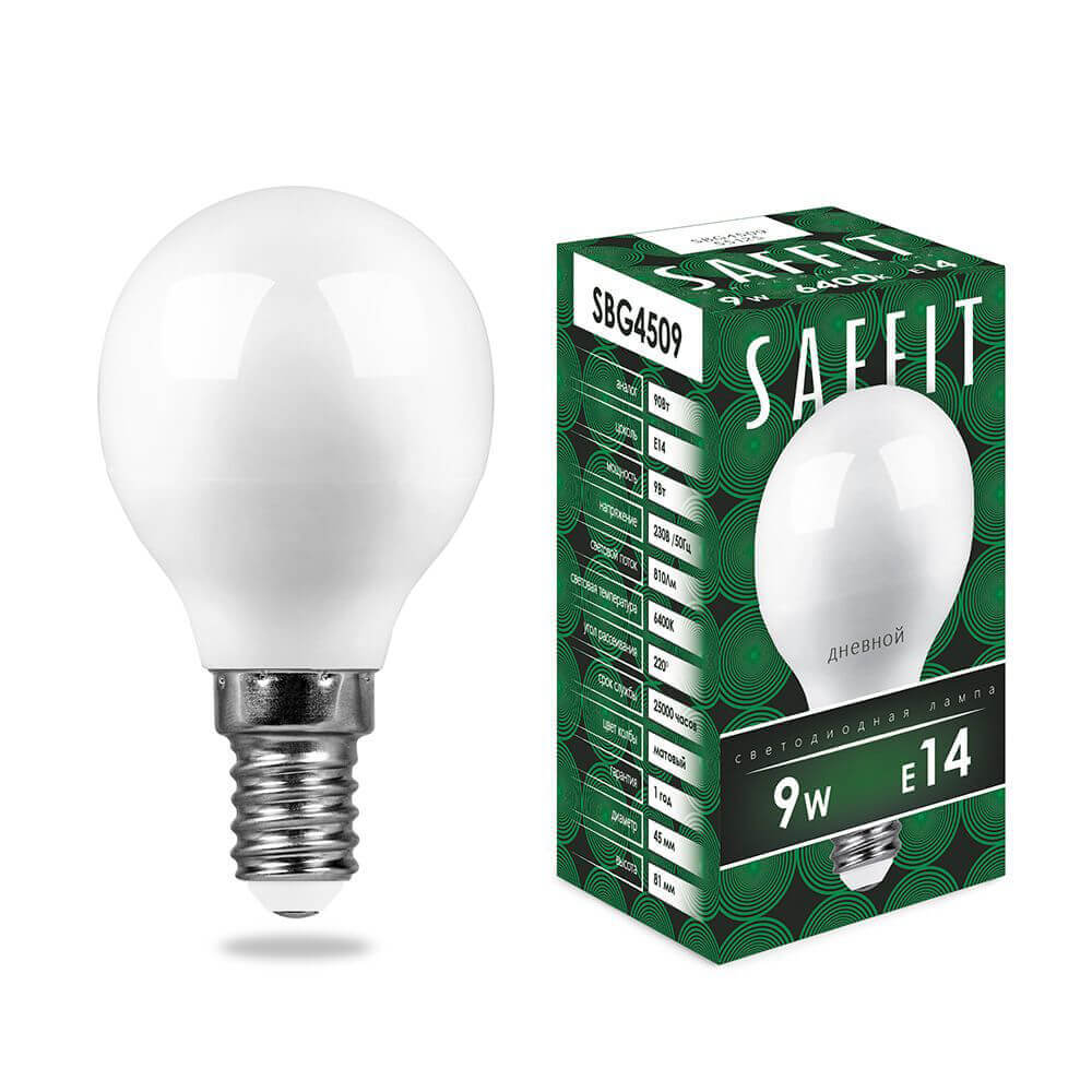 

Лампа светодиодная Saffit E14 9W 6400K Шар Матовая SBG4509 55125, 55125