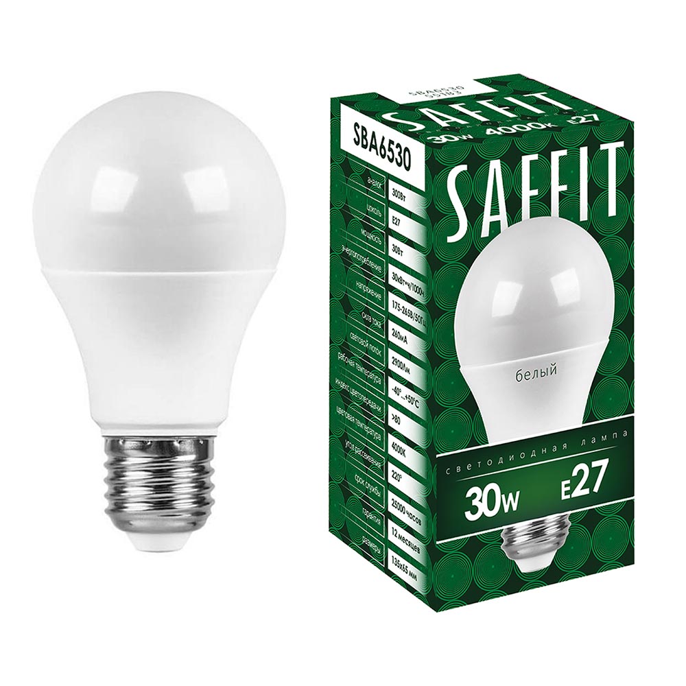 

Лампа светодиодная Saffit E27 30W 6400K матовая SBA6530 55184, Белый, 55184 SBA6530