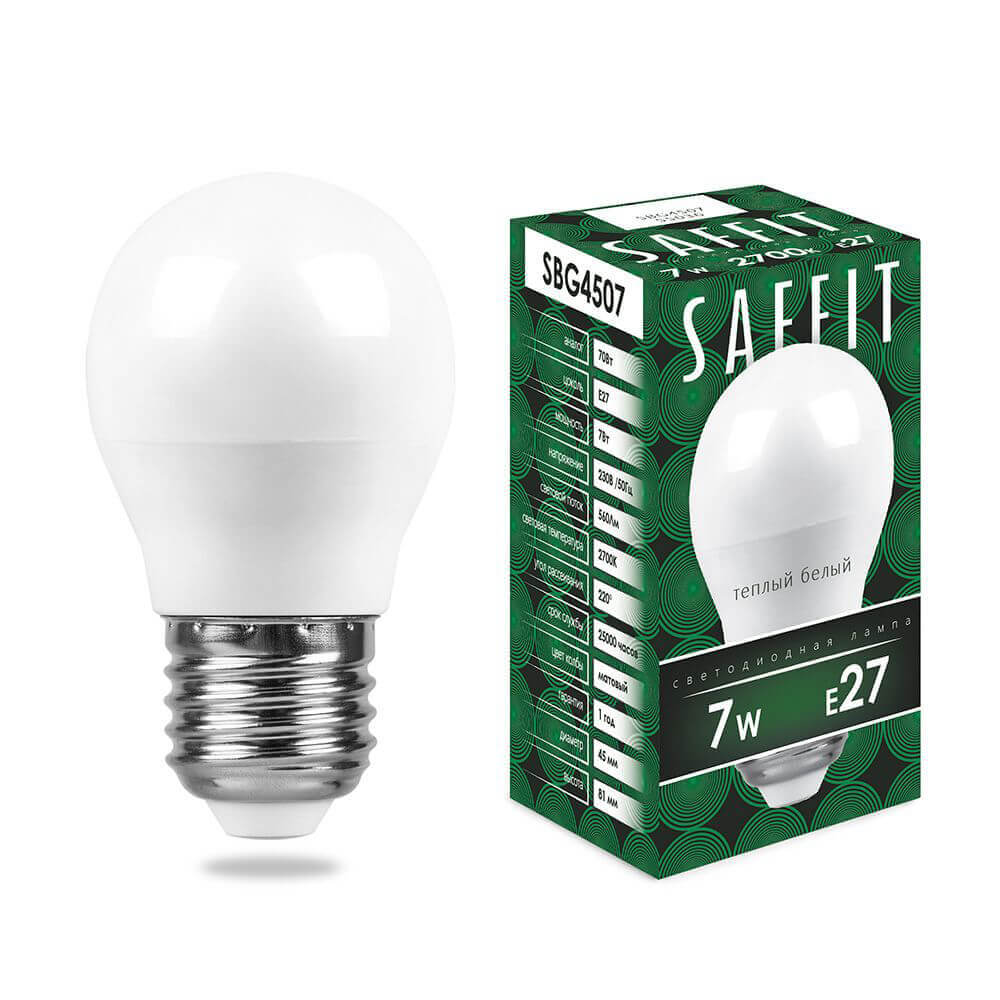 

Лампа светодиодная Saffit E27 7W 2700K матовая SBG4507 55036, Белый, 55036