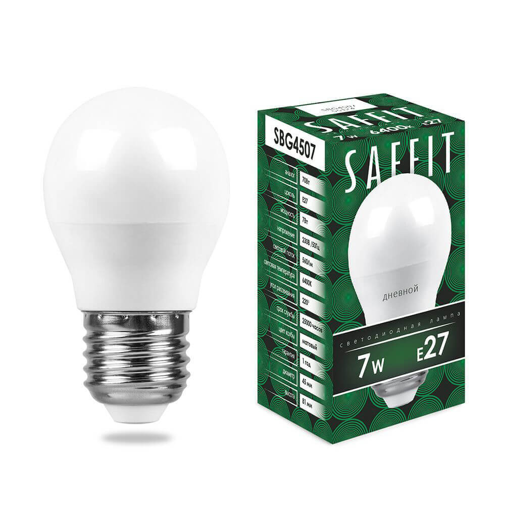 

Лампа светодиодная Saffit E27 7W 6400K Шар Матовая SBG4507 55124, 55124